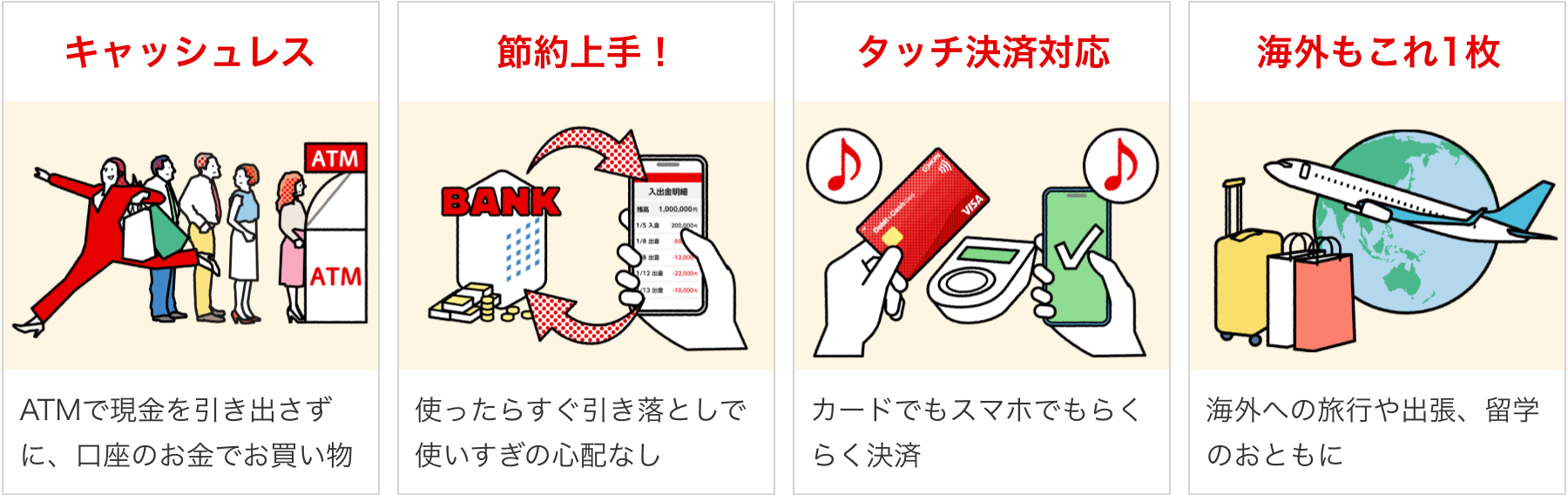キャッシュレス ATMで現金を引き出さずに、口座のお金でお買い物 節約上手!使ったらすぐ引き落としで使いすぎの心配なし タッチ決済対応 カードでもスマホでもらくらく決済 海外もこれ1枚 海外への旅行や出張、留学のおともに
